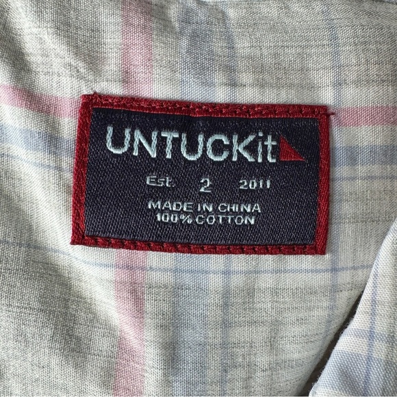 UNTUCKIT NWT Chasseles Gray Pink Blue Plaid Button Down Top 100% Cotton Size 2 - Picture 6 of 7